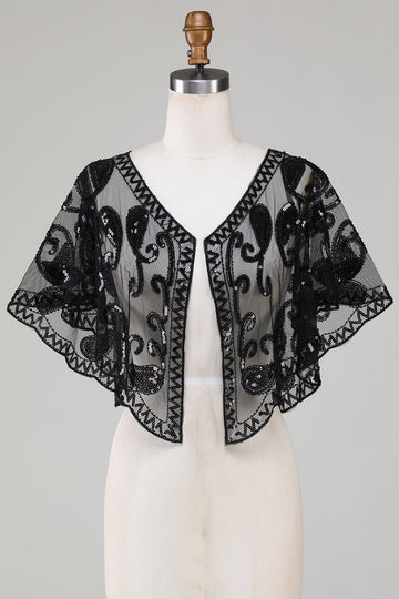 Czarny brokatowy cekiny 1920s Cape